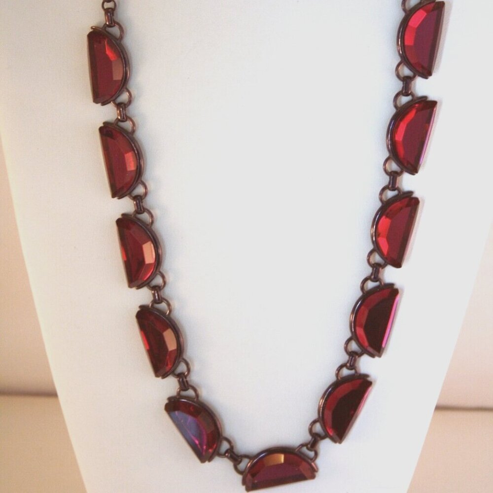 COLDWATER CREEK Mod/Contemporary Half Moon Bronze Fuchsia Crystal Necklace**NEW! - Picture 3 of 4